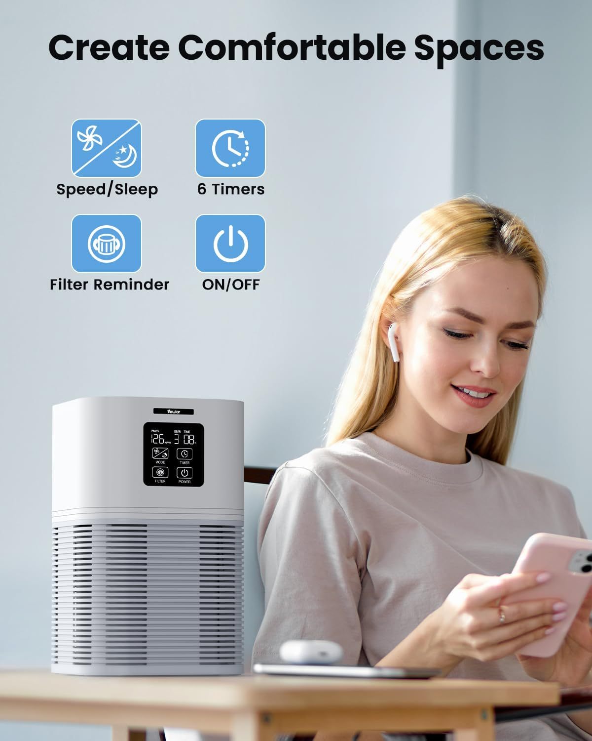 PureSense™ Smart Desktop Air Purifier – H30 Filter, Auto Timer & 99% Particle Capture