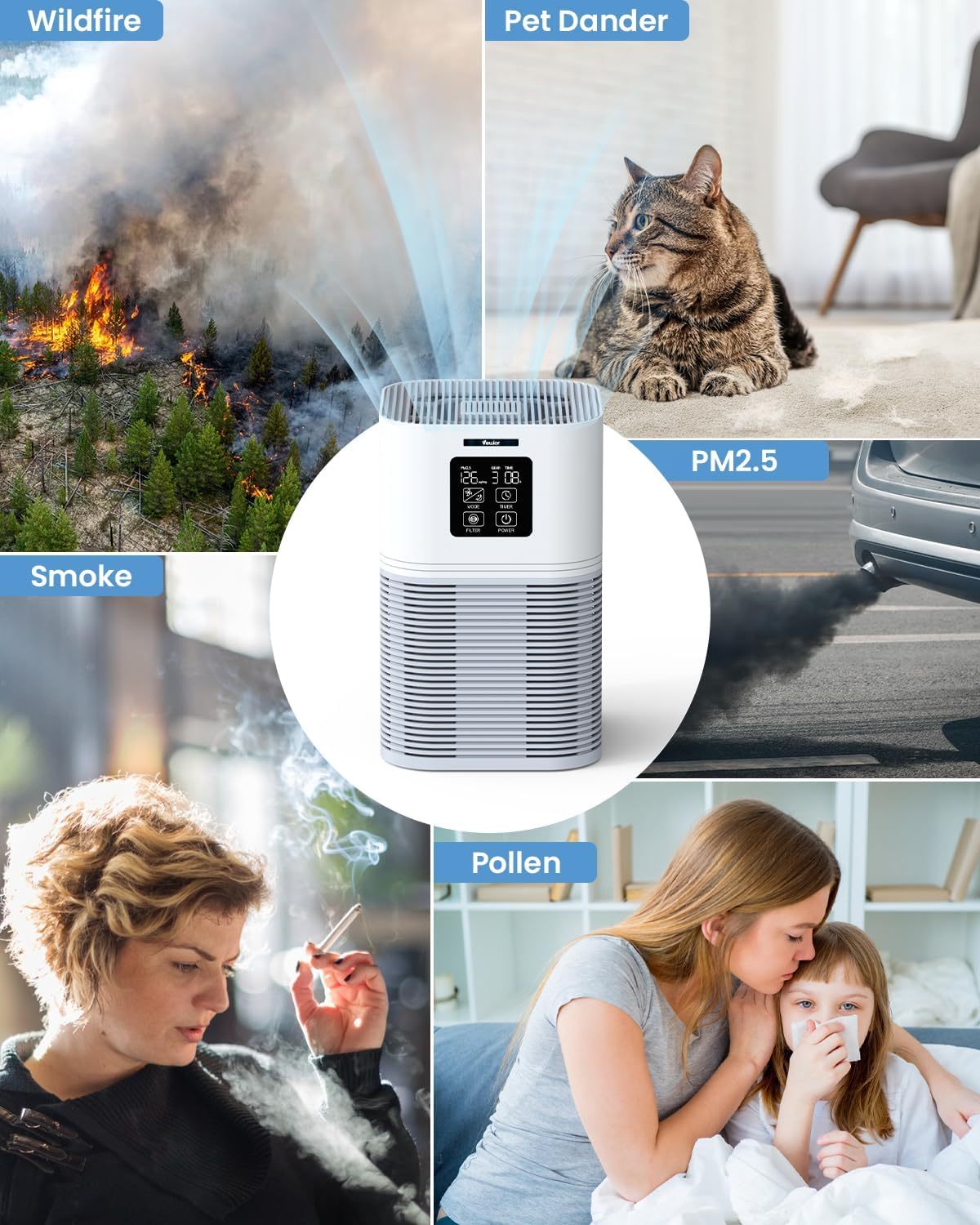 PureSense™ Smart Desktop Air Purifier – H30 Filter, Auto Timer & 99% Particle Capture